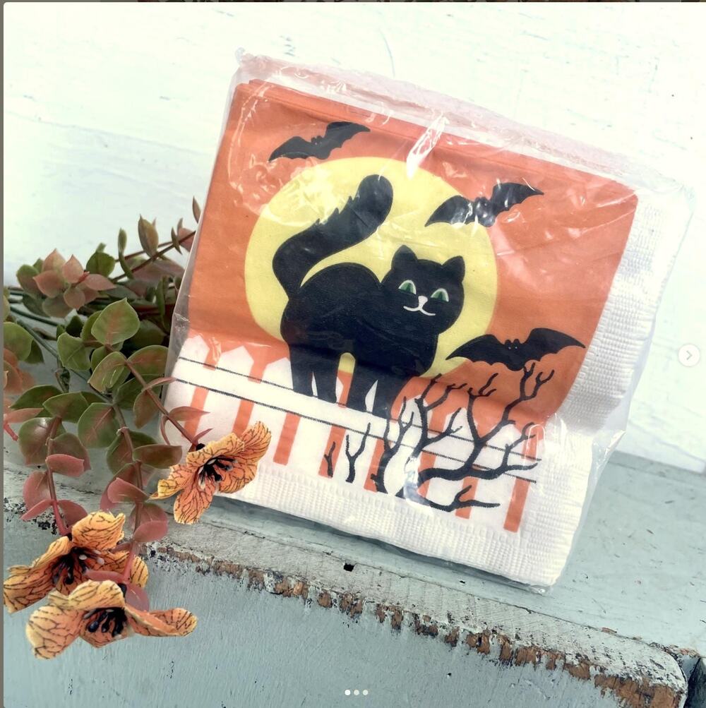 Vintage 1988 Party House Halloween Black Cat Bats Facial Napkins Kalla NOS